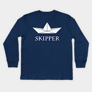 Skipper (Sea Captain / Paper Boat / Paper Ship / White) Kids Long Sleeve T-Shirt